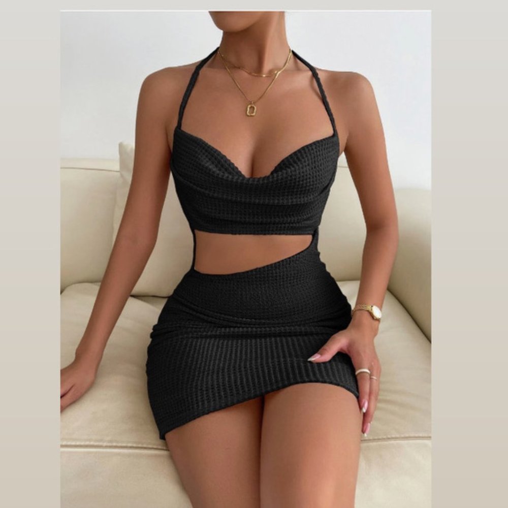 Shein Cut Out Draped Tie Backless Halter Bodycon Dress, Color black, size XS